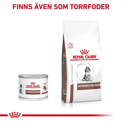 Royal Canin Gastrointestinal Puppy våtfoderburk och torrfodersäck. Text: Finns även som torrfoder. Båda förpackningarna visar hundillustration och varumärket Royal Canin.