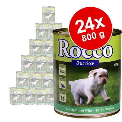 Pack de 24 latas Rocco Junior, 800 g cada. Lata com imagem de cachorro e texto visível: 'Extra viel Kalzium', '+Ca', 'Gesundes Wachstum', 'Omega 3+6 Fettsäuren'.