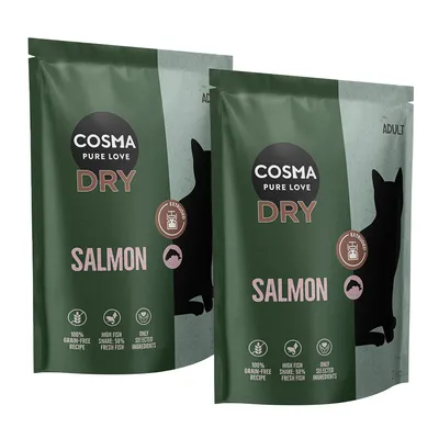 Cosma Pure Love Dry Adult, salmon. 100% grain-free, high fish content: 50% fresh fish, only selected ingredients. Packaging shows silhouette of a cat.