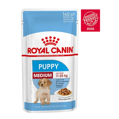 Royal Canin Puppy Medium natvoer, 140 g, voor volwassen gewicht 11–25 kg, tot 12 maanden. Gekozen Product van het Jaar 2020 zichtbaar op verpakking.
