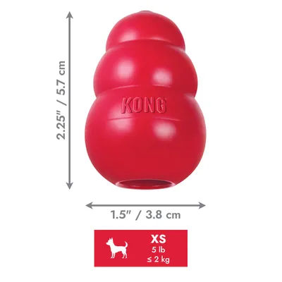 KONG igrača, velikost XS, mere: 5,7 cm visoka, 3,8 cm široka, primerna za živali do 2 kg ali 5 lb.