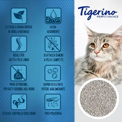 Tigerino Performance lettiera a grana grossa in argilla naturale, ultra assorbente, ideale per gatti a pelo lungo, priva di profumo, efficace controllo odori, poco polverosa.