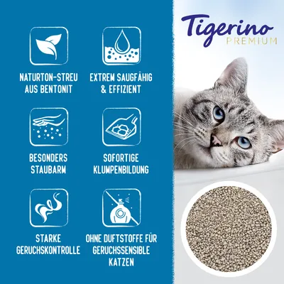Tigerino Premium. Natürton-Streu aus Bentonit, extrem saugfähig und effizient, besonders staubarm, sofortige Klumpenbildung, starke Geruchskontrolle, ohne Duftstoffe.