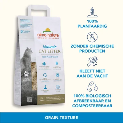 almo nature Natural Cat Litter 100% plant-based, zonder chemische producten, kleeft niet aan de vacht, 100% biologisch afbreekbaar en composteerbaar, verpakking van 4 kg