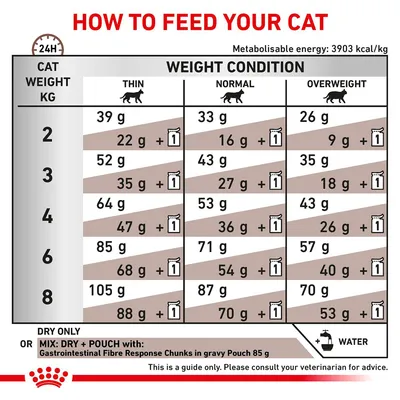 Feeding guide table for cats by weight and condition, showing daily dry food grams or mix with one 85g pouch. Includes advice to add water and consult a vet. For Gastrointestinal Fibre Response.