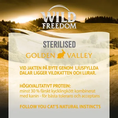 Wild Freedom STERILISED GOLDEN VALLEY. Högkvalitativt protein: minst 30 % färskt kycklingkött kombinerat med kanin – för bästa tolerans och acceptans. Text på engelska förekommer.