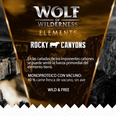 Wolf of Wilderness Elements Rocky Canyons. Monoproteico con vacuno: 40 % carne fresca de vacuno, sin ave. Wild & Free. Texto en español e inglés.