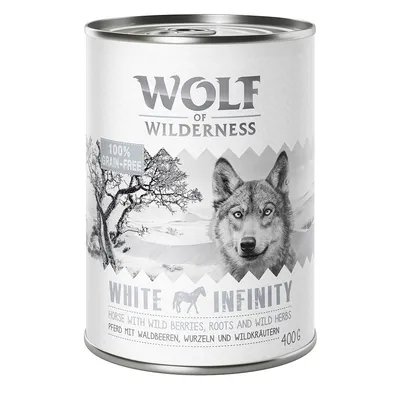 Boîte de nourriture Wolf of Wilderness White Infinity 400 g, mention 100 % grain-free, texte en anglais et allemand : horse with wild berries, roots and wild herbs, Pferd mit Waldbeeren, Wurzeln und Wildkräutern.