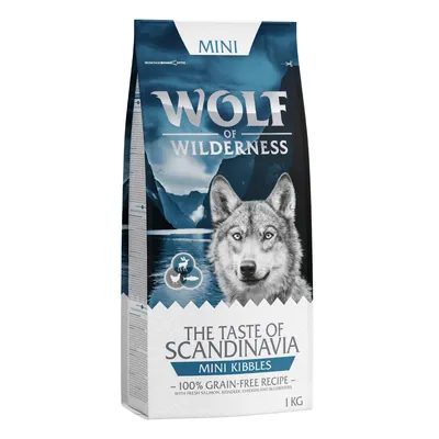 Wolf of Wilderness Mini Kibbles, The Taste of Scandinavia, 1 kg, 100% grain-free recipe with fresh salmon, reindeer, chicken and blueberries.