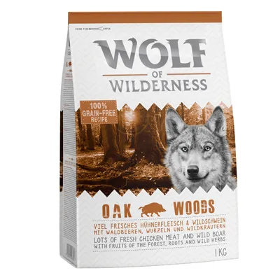 Wolf of Wilderness Oak Woods koiranruokapakkaus, 1 kg. Teksti: 100 % grain-free recipe, lots of fresh chicken meat and wild boar with fruits of the forest, roots and wild herbs.