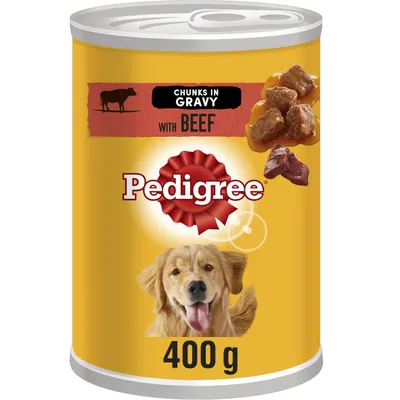 400g can labelled 'chunks in gravy with beef', showing pieces of meat and the word Pedigree.