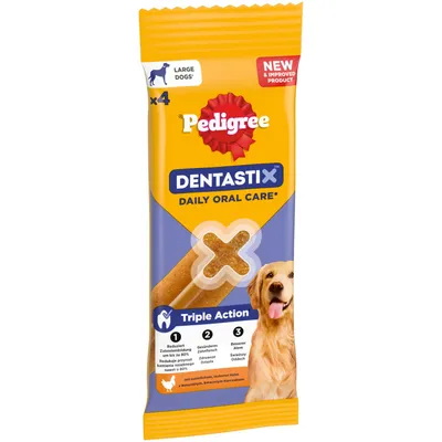 Pedigree Dentastix Daily Oral Care pre veľké psy, 4 kusy, Trojitý účinok: znižuje tvorbu zubného kameňa, zdravšie ďasná, sviežejší dych. S prírodným kuracím mäsom. Pedigree Dentastix Daily Oral Care pre veľké psy, 4 kusy, Trojitý účinok: znižuje tvorbu zubného kameňa, zdravšie ďasná, sviežejší dych. S prírodným kuracím mäsom.