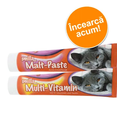 smilla Malt-Paste Anti-Hairball și smilla Multi-Vitamin Mit 12 Vitaminen und Taurin, două tuburi cu imagine de pisică. Bulină portocalie: Încearcă acum!