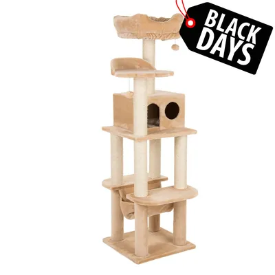 Rascador beige de varios niveles con postes de sisal, cueva, plataformas y cama superior. Etiqueta visible: BLACK DAYS.