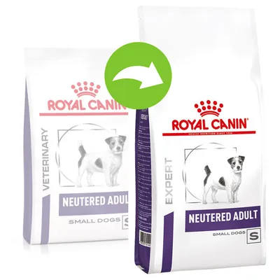 Packaging change from Royal Canin Veterinary Neutered Adult Small Dogs to Royal Canin Expert Neutered Adult Small Dogs, shown with a green arrow.