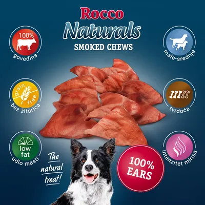 Rocco Naturals Smoked Chews, 100% govedina, bez žitarica, udio masti low fat, tvrdoća, intenzitet mirisa, za male-srednje pse, 100% ears. Prikaz sušenih ušiju i psa.