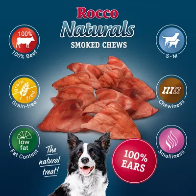 Rocco Naturals smoked chews, 100% beef ears, grain-free, low fat, chewy, smelly, suitable for small to medium pets. The natural treat. Product image shows several smoked chews.