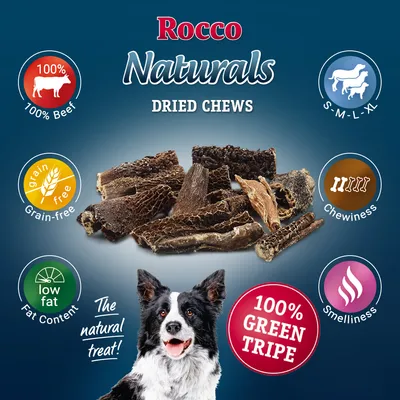 Rocco Naturals dried chews, 100% beef, grain-free, low fat, suitable for S-M-L-XL sizes, chewy texture, smelly, made from 100% green tripe. The natural treat.