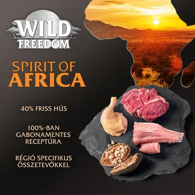 Wild Freedom Spirit of Africa, 40% friss hús, 100%-ban gabonamentes receptúra, régió specifikus összetevőkkel. Nyers húsok és magvak képe.