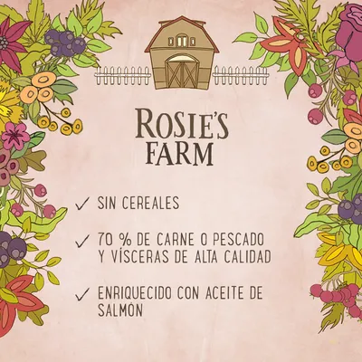 Rosie's Farm. Sin cereales. 70 % de carne o pescado y vísceras de alta calidad. Enriquecido con aceite de salmón.