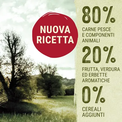 Nuova ricetta: 80% carne pesce e componenti animali, 20% frutta verdura ed erbette aromatiche, 0% cereali aggiunti.