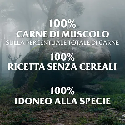 100% carne di muscolo sulla percentuale totale di carne, 100% ricetta senza cereali, 100% idoneo alla specie