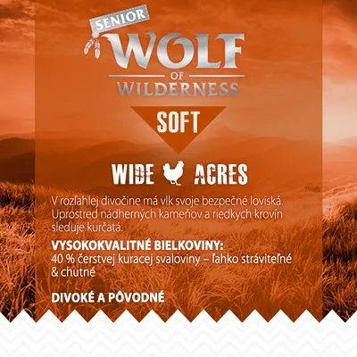 Wolf of Wilderness Senior Soft Wide Acres. Vysokokvalitné bielkoviny: 40 % čerstvej kuracej svaloviny – ľahko stráviteľné & chutné. Divoké a pôvodné.