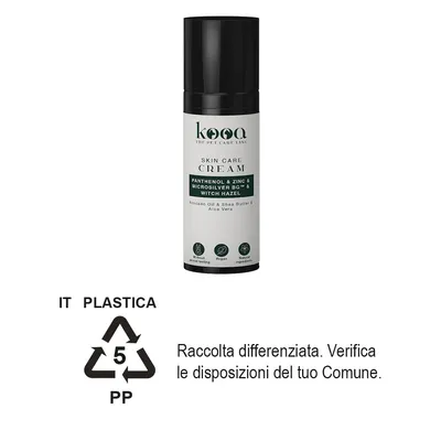 kooa Skin Care Cream con panthenol, zinco, microsilver BG e witch hazel. Olio di avocado, burro di karité, aloe vera. Simboli: testato, vegan, ingredienti naturali. Plastica PP 5.