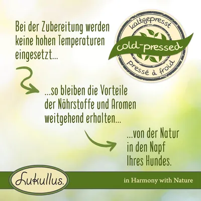 Texte en allemand : préparation sans hautes températures, avantages des nutriments et arômes préservés, de la nature à la gamelle du chien. Logo Lukullus, mention pressé à froid.