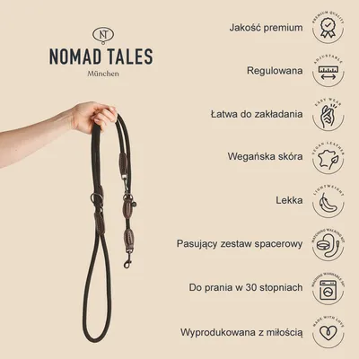 Nomad Tales München. Smycz trzymana w dłoni, tekst: Jakość premium, Regulowana, Łatwa do zakładania, Wegańska skóra, Lekka, Pasujący zestaw spacerowy, Do prania w 30 stopniach, Wyprodukowana z miłością.
