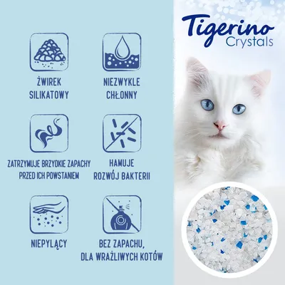 Tigerino Crystals. Żwirek silikatowy, niezwykle chłonny, zatrzymuje brzydkie zapachy, hamuje rozwój bakterii, niepyłacy, bez zapachu dla wrażliwych kotów. Zdjęcie żwirku z niebieskimi granulkami.