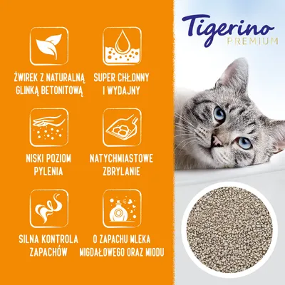 Tigerino Premium. Żwirek z naturalną glinką bentonitową, super chłonny i wydajny, niski poziom pylenia, natychmiastowe zbrylanie, silna kontrola zapachów, zapach mleka migdałowego i miodu.