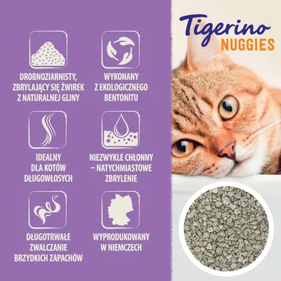 Tigerino Nuggies. Drobnoziarnisty żwirek z naturalnej gliny, ekologiczny bentonit, idealny dla kotów długowłosych, natychmiastowe zbrylenie, zwalczanie zapachów, wyprodukowany w Niemczech.