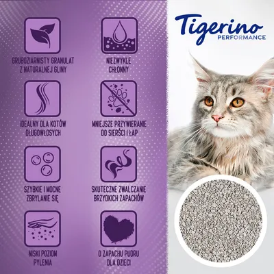 Tigerino Performance. Grubozarnisty granulat z naturalnej gliny, niezwykle chłonny, idealny dla kotów długowłosych, szybkie zbrylanie, niski poziom pylenia, zapach pudru dla dzieci.