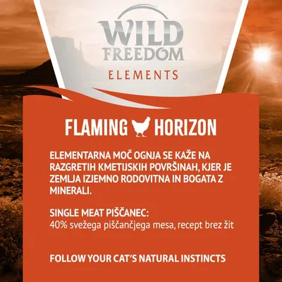 Wild Freedom Elements Flaming Horizon. Single meat piščanec: 40 % svežega piščančjega mesa, recept brez žit. Elementarna moč ognja, bogata z minerali. Besedilo delno v angleščini.