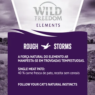 Wild Freedom Elements Rough Storms. Single meat pato: 40 % carne fresca de pato, receita sem cereais. A força natural do elemento ar manifesta-se em trovoadas tempestuosas.
