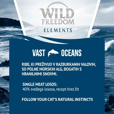 Wild Freedom Elements Vast Oceans. Ribe, ki preživijo v razburkanih valovih, so polne morskih alg, bogatih s hranilnimi snovmi. Single meat losos: 40 % svežega lososa, recept brez žit.