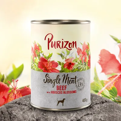 Purizon Single Meat Beef met hibiscusbloemen, 13% vleesgehalte, 400g blik, hondensymbool zichtbaar Purizon Single Meat Beef met hibiscusbloemen, 13% vleesgehalte, 400g blik, hondensymbool zichtbaar