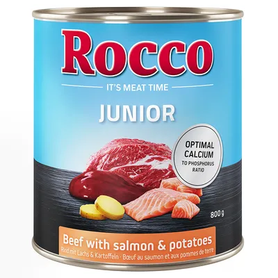 Rocco JUNIOR Beef with salmon & potatoes, 800 g. Optimal calcium to phosphorus ratio. Billede af oksekød, laks og kartofler på dåsen. It's meat time.