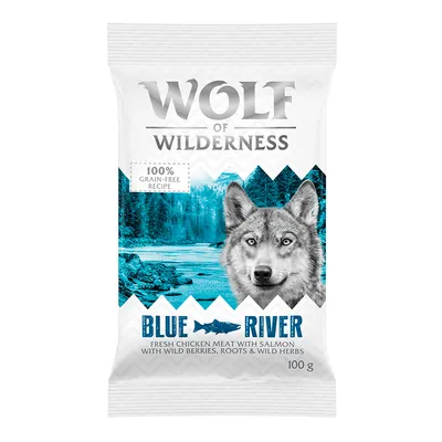 Wolf of Wilderness Blue River, 100% gabonamentes recept, friss csirkehús lazaccal, erdei bogyókkal, gyökerekkel és vadon termő gyógynövényekkel, 100g.