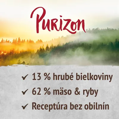 Purizon. 13 % hrubé bielkoviny, 62 % mäso & ryby, receptúra bez obilnín.