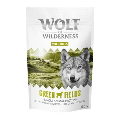 Wolf of Wilderness Wild Bites Green Fields, single animal protein, fresh lamb meat & offal, 100% grain-free recipe, 180 g. Texte en anglais.