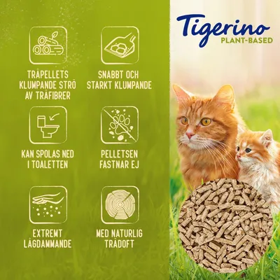 Tigerino Plant-Based träpellets klumpande strö av träfibrer, snabbt och starkt klumpande, kan spolas ned i toaletten, pelletsen fastnar ej, extremt lågdammande, med naturlig trädoft.