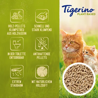 Tigerino Plant-Based Holz-Pellets Klumpstreu aus Holzfasern: schnell klumpend, in der Toilette entsorgbar, antihaftende Pellets, extrem staubarm, mit natürlichem Holzduft.