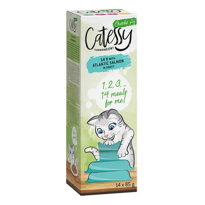Catessy Chunks in Gravy, 14 x 85 g z łososiem atlantyckim. Ilustracja kota i tekst: „1, 2, 3... 14 meals for me!”.