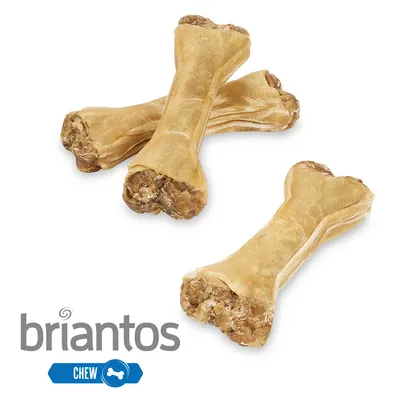 Briantos tyggeben med fyld, egnet til at tygge. Tre synlige ben og Briantos logo med blåt 'Chew'-mærke.