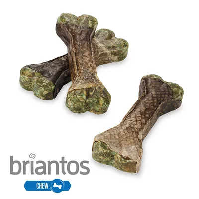 Briantos tyggeben med grøn fyld og brun ydre. Etiket 'Chew' med synligt ben-symbol.