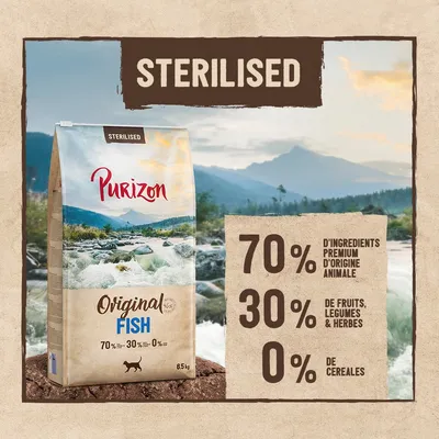 Purizon Original Fish Sterilised, 6,5 kg. 70 % d’ingrédients premium d’origine animale, 30 % de fruits, légumes et herbes, 0 % de céréales. Texte en anglais : STERILISED.