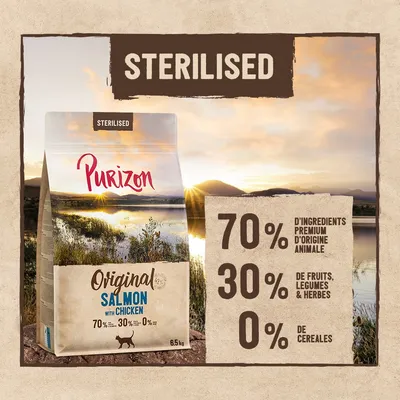 Purizon Original Salmon with Chicken, stérilisé, 6,5 kg. 70 % d’ingrédients premium d’origine animale, 30 % de fruits, légumes et herbes, 0 % de céréales. Texte en anglais.