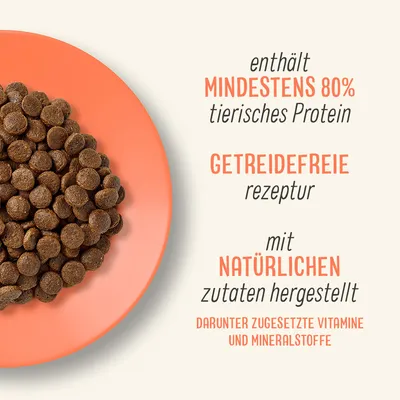 Besedilo v nemščini: enthält mindestens 80 % tierisches Protein, getreidefreie rezeptur, mit natürlichen zutaten hergestellt, darunter zugesetzte Vitamine und Mineralstoffe.